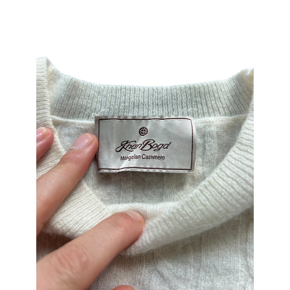 Khan Bogd Mongolian Cashmere Cable Knit Puff Sleeve Sweater Cream Ivory Size S - Picture 2 of 7
